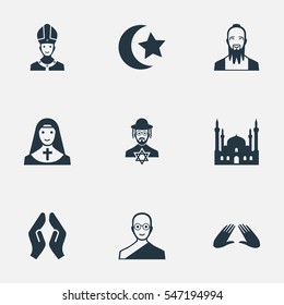 Set Of 9 Simple Religion Icons. Can Be Found Such Elements As Pater, Chapel, Orison And Other.