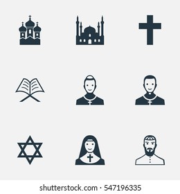 Set Of 9 Simple Religion Icons. Can Be Found Such Elements As Chapel, Priestess, Jewish Clergy And Other.