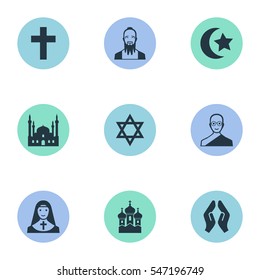 Set Of 9 Simple Religion Icons. Can Be Found Such Elements As David Star, Chapel, Buddhist And Other.