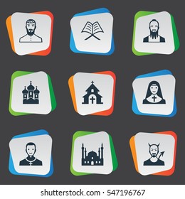 Set Of 9 Simple Religion Icons. Can Be Found Such Elements As Chapel, Taoism, Devil And Other.