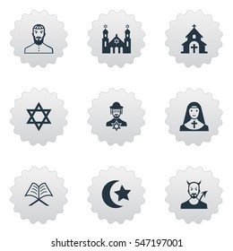 Set Of 9 Simple Religion Icons. Can Be Found Such Elements As Muslim, Jewish Clergy, Devil And Other.