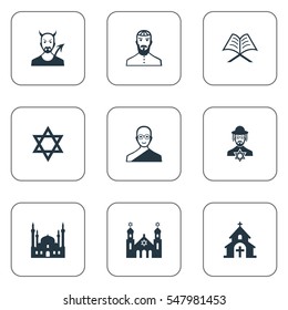 Set Of 9 Simple Religion Icons. Can Be Found Such Elements As Muslim, Devil, Jewish Clergy And Other.