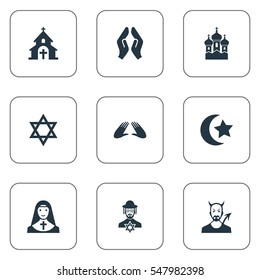 Set Of 9 Simple Religion Icons. Can Be Found Such Elements As David Star, Priestess, Christian And Other.