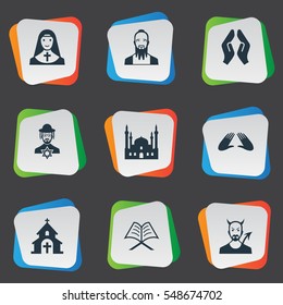 Set Of 9 Simple Religion Icons. Can Be Found Such Elements As Priestess, Muslim, Orison And Other.