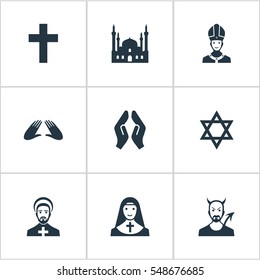 Set Of 9 Simple Religion Icons. Can Be Found Such Elements As Orison, Devil, David Star And Other.