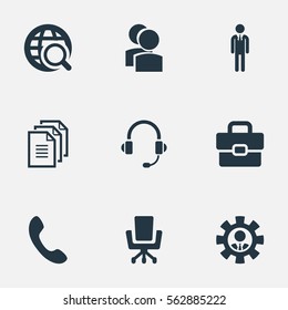 Set Of 9 Simple Resources Icons. Can Be Found Such Elements As Laborer, Elbow Chair, Work Man And Other.