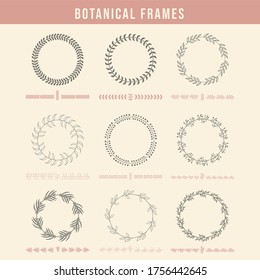 Set of 9 simple, round, hand drawn botanical frames. Decorative outline elements. Vector floral circles and lines in minimalist style. Elegant nature wreaths with leaves. For weedding, invitation, etc