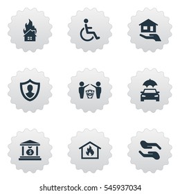 Set Of 9 Simple Safeguard Icons. Can Be Found Such Elements As Estate Fuse, Heat, Handicapped.