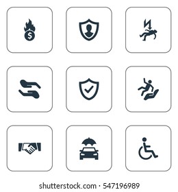 Set Of 9 Simple Safeguard Icons. Can Be Found Such Elements As Automobile Fuse, Protect Yourself, Electric Shock  Jeopardy And Other.
