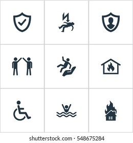 Set Of 9 Simple Safeguard Icons. Can Be Found Such Elements As Smothered Male, Protect Yourself, Safeguard And Other.