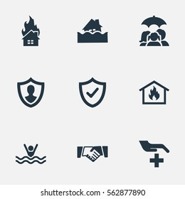 Set Of 9 Simple Safeguard Icons. Can Be Found Such Elements As Reliability, Safeguard, Home Protect  From Fire And Other.