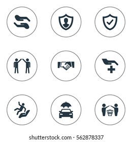 Set Of 9 Simple Safeguard Icons. Can Be Found Such Elements As Protect Currency, Job Accord, Maintenance And Other.