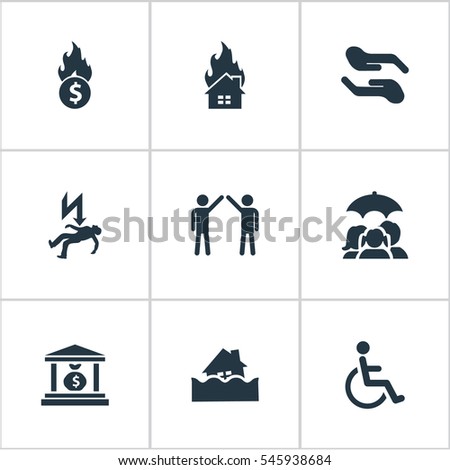 Set Of 9 Simple Safeguard Icons. Can Be Found Such Elements As Heat, Electric Shock  Jeopardy, Protect From Torrent And Other.