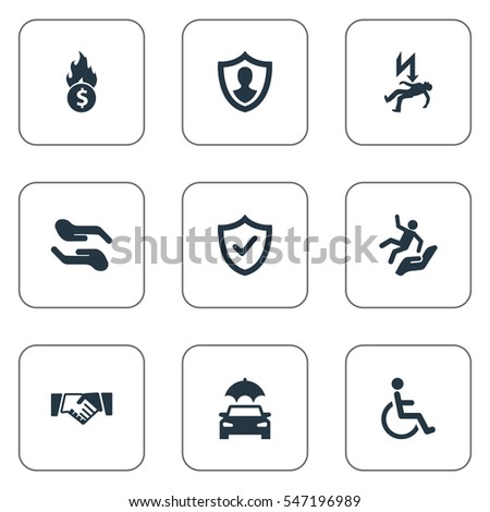 Set Of 9 Simple Safeguard Icons. Can Be Found Such Elements As Automobile Fuse, Protect Yourself, Electric Shock  Jeopardy And Other.