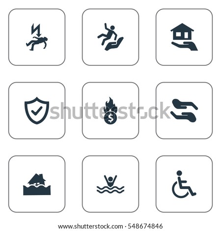 Set Of 9 Simple Safeguard Icons. Can Be Found Such Elements As Electric Shock  Jeopardy, Smothered Male, Maintenance And Other.