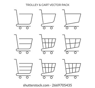 Conjunto de 9 iconos de línea de Carrito de compras simple. Los diseños varían en complejidad, adecuados para el comercio electrónico y proyectos minoristas.