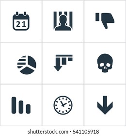 Set Of 9 Simple Situation Icons. Can Be Found Such Elements As Round Graph, Down Cursor, Bar Graph And Other.