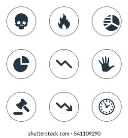 Set Of 9 Simple Situation Icons. Can Be Found Such Elements As Palm, Fire, Round Graph And Other.