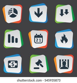 Set Of 9 Simple Situation Icons. Can Be Found Such Elements As Down Cursor, Round Graph, Tribunal And Other.