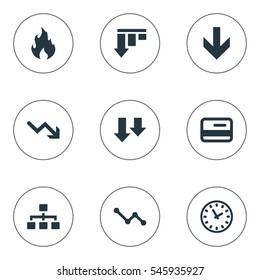Set Of 9 Simple Situation Icons. Can Be Found Such Elements As Clock, Graph Decreases, Fire And Other.