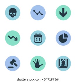 Set Of 9 Simple Situation Icons. Can Be Found Such Elements As Downward, Graph Decreases, Agenda And Other.