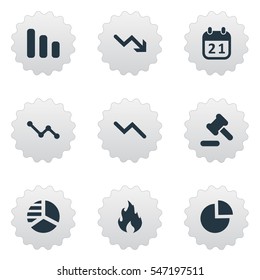 Set Of 9 Simple Situation Icons. Can Be Found Such Elements As Tribunal, Fire, Round Graph And Other.