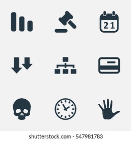Set Of 9 Simple Situation Icons. Can Be Found Such Elements As Plastic Card, Clock, Head Bone And Other.