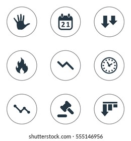 Set Of 9 Simple Situation Icons. Can Be Found Such Elements As Graph Decreases, Fire, Clock And Other.