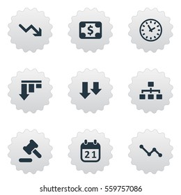 Set Of 9 Simple Situation Icons. Can Be Found Such Elements As Graph Decreases, Descending, Clock And Other.