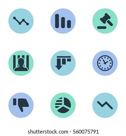 Set Of 9 Simple Situation Icons. Can Be Found Such Elements As Finger Below, Info Graph, Line Chart And Other.