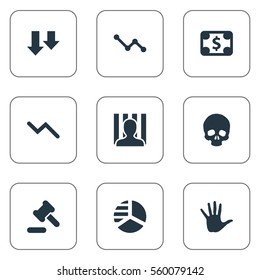 Set Of 9 Simple Situation Icons. Can Be Found Such Elements As Penitentiary, Palm, Head Bone And Other.