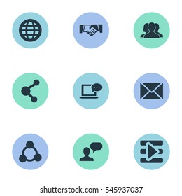 Set Of 9 Simple Social Icons. Can Be Found Such Elements As Agreement, Letter, Group And Other.