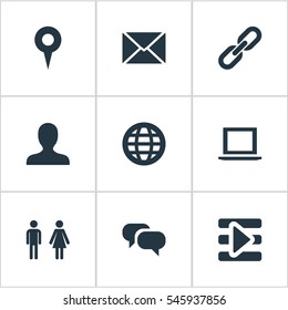 Set Of 9 Simple Social Icons. Can Be Found Such Elements As Chatting, Letter, Notebook And Other.