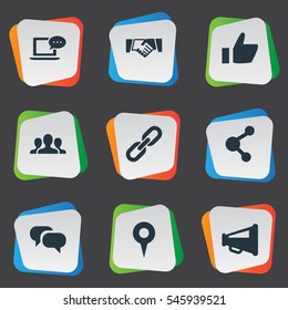 Set Of 9 Simple Social Icons. Can Be Found Such Elements As Chain, Team, Point And Other.