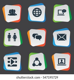 Set Of 9 Simple Social Icons. Can Be Found Such Elements As Media Control, Genus, Chatting And Other.