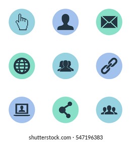 Set Of 9 Simple Social Icons. Can Be Found Such Elements As World, Group, Cursor And Other.