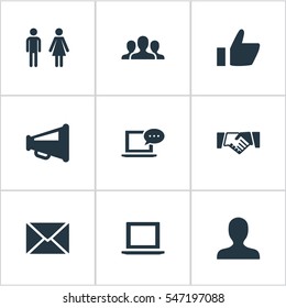 Set Of 9 Simple Social Icons. Can Be Found Such Elements As Megaphone, Genus, New Mail And Other.