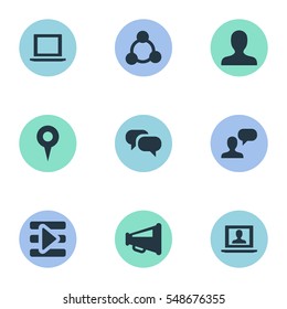 Set Of 9 Simple Social Icons. Can Be Found Such Elements As Point, Chatting, Megaphone And Other.