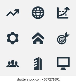 Set Of 9 Simple Startup Icons. Can Be Found Such Elements As Gear, Line Graph, Company And Other.