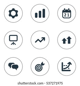 Set Of 9 Simple Startup Icons. Can Be Found Such Elements As Goal, Success, Line Graph And Other.