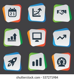 Set Of 9 Simple Startup Icons. Can Be Found Such Elements As Date, Graph, Global Business And Other.