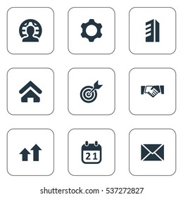 Set Of 9 Simple Startup Icons. Can Be Found Such Elements As Gear, Global Business, House And Other.