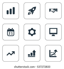 Set Of 9 Simple Startup Icons. Can Be Found Such Elements As Line Graph, Gear, Line Graph And Other.
