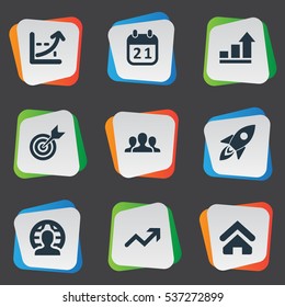 Set Of 9 Simple Startup Icons. Can Be Found Such Elements As Company, Spaceship, House And Other.