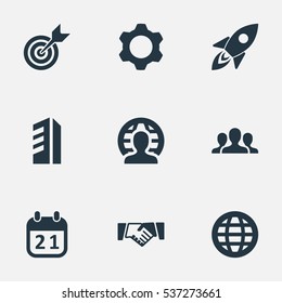 Set Of 9 Simple Startup Icons. Can Be Found Such Elements As Date, Gear, Global Business And Other.