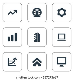 Set Of 9 Simple Startup Icons. Can Be Found Such Elements As Global Business, Gear, Line Graph And Other.