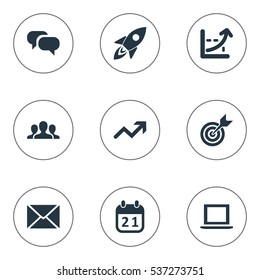 Set Of 9 Simple Startup Icons. Can Be Found Such Elements As Discussion, Line Graph, Company And Other.
