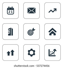 Set Of 9 Simple Startup Icons. Can Be Found Such Elements As Gear, Construction, House And Other.