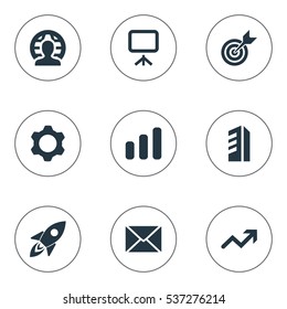 Set Of 9 Simple Startup Icons. Can Be Found Such Elements As Goal, Presentation, Diagram And Other.