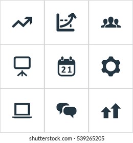Set Of 9 Simple Startup Icons. Can Be Found Such Elements As Presentation, Company, Computer And Other.